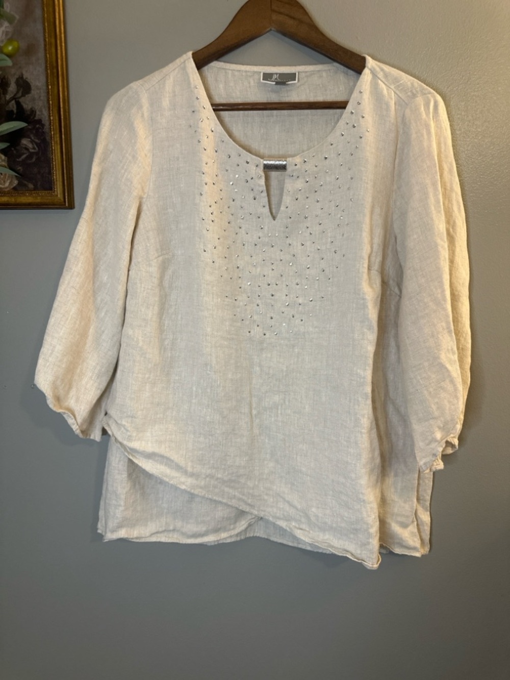 JM Collection 100% Linen Embellished Tunic Blouse Cream Beige Size Small - Picture 2 of 7